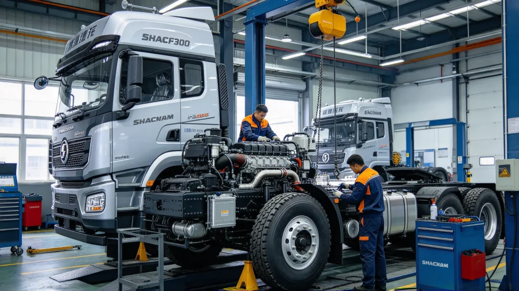 Запчасти для грузовика SHACMAN F3000, разобранный узел грузовика в автосервисе, обслуживание тяжелой коммерческой техники.