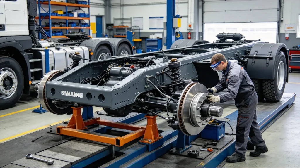 Механик проверяет передний мост MAN 7.5T в сборе на сервисном стенде