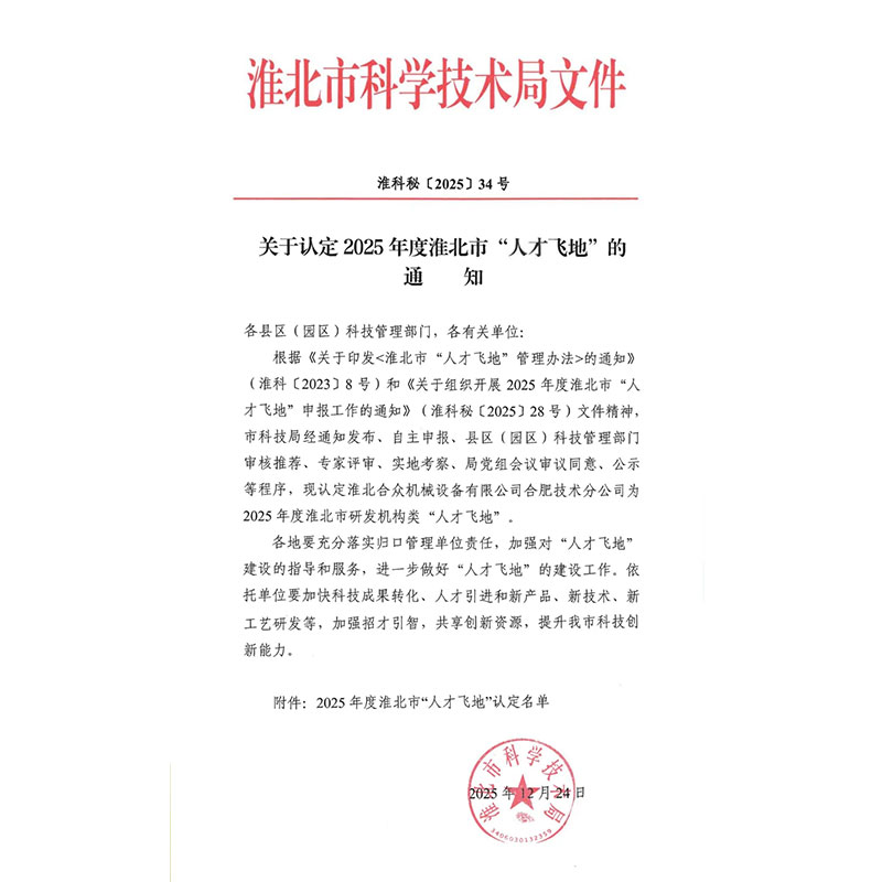 Компания Hezhong Machinery признана «центром притяжения для талантливых специалистов» среди научно-исследовательских учреждений города Хуайбэй в 2025 году.