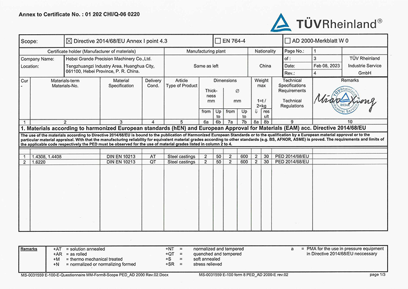 PED Объем сертификации материалов 01