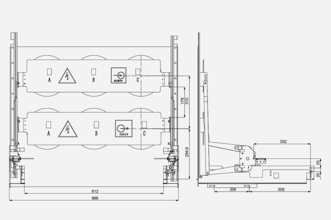 Схема установки устройства задвижки 5HG.320.010.A/ZS() (шкаф среднего размещения шириной 1000 мм)
