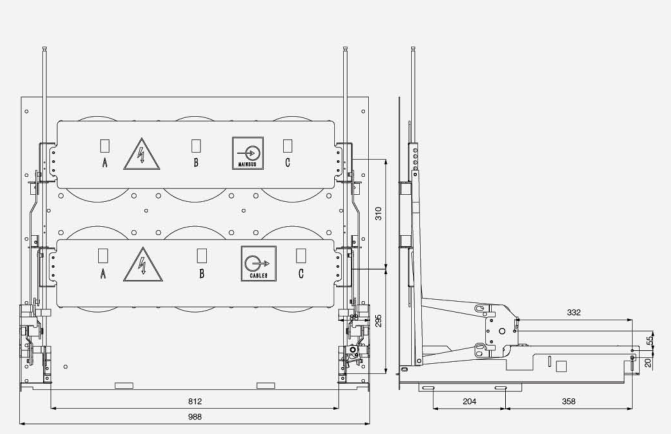 Схема установки устройства задвижки 5HG.320.011 (шкаф среднего размещения шириной 1000 мм)