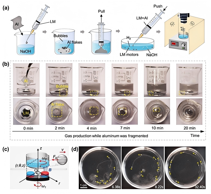 （Процесс изготовления и поведение жидкометаллических микромоторов в условиях вращающихся магнитных полей.）