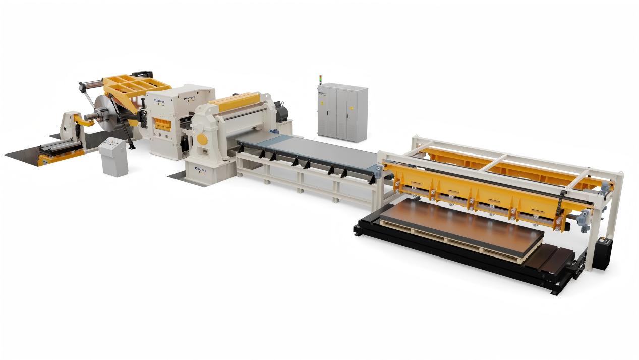 Линия поперечной резки металла Besco общий вид оборудования правильная машина ножницы стаккер