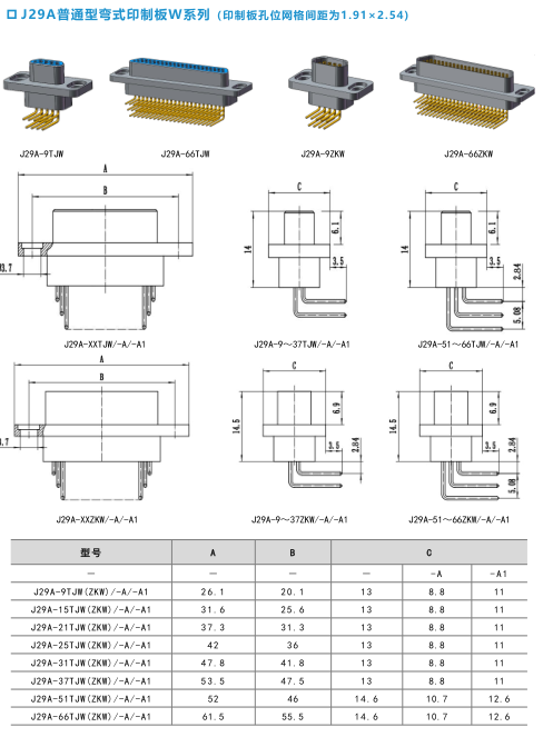 Миниатюрный прямоугольный электрический разъем серии J29A（J29A обычный тип/J29A–Тип А）