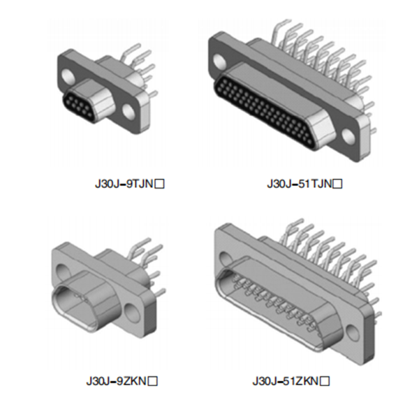 Разъёмы J30J-N,N3,N4,N8 монтаж в отверстия платы
