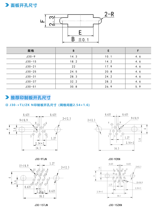 Миниатюрный прямоугольный электрический разъем серии J30(Разъем и розетка для печатной платы серии J30 с изогнутой формой (W/W-J-тип)/Рекомендуемые размеры отверстий для печатных плат)