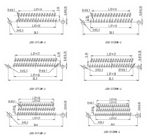 Миниатюрный прямоугольный электрический разъем серии J30(Разъем и розетка для печатной платы серии J30 с изогнутой формой (W/W-J-тип)/Рекомендуемые размеры отверстий для печатных плат)