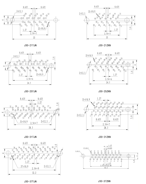 Миниатюрный прямоугольный электрический разъем серии J30(Разъем и розетка для печатной платы серии J30 с изогнутой формой (W/W-J-тип)/Рекомендуемые размеры отверстий для печатных плат)