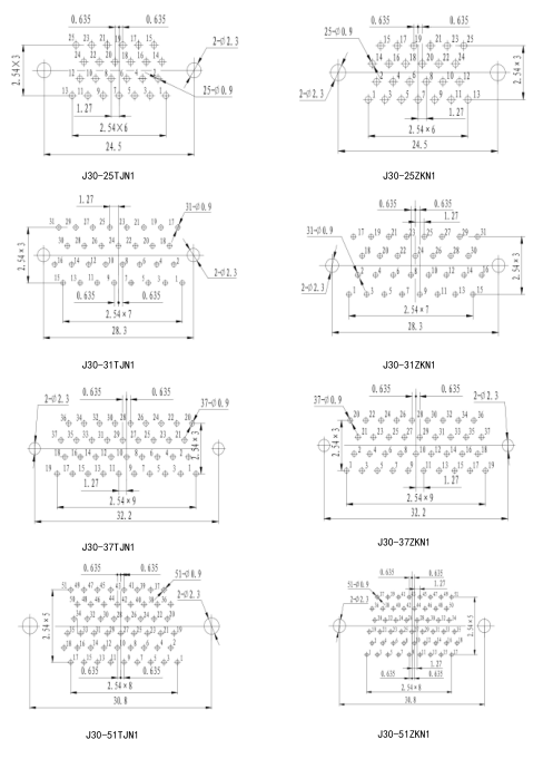Миниатюрный прямоугольный электрический разъем серии J30(Разъем и розетка для печатной платы серии J30 с изогнутой формой (W/W-J-тип)/Рекомендуемые размеры отверстий для печатных плат)