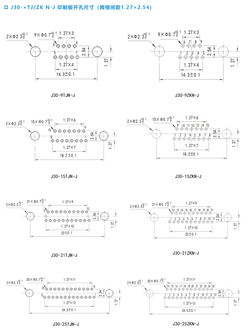 Миниатюрный прямоугольный электрический разъем серии J30(Разъем и розетка для печатной платы серии J30 с изогнутой формой (W/W-J-тип)/Рекомендуемые размеры отверстий для печатных плат)