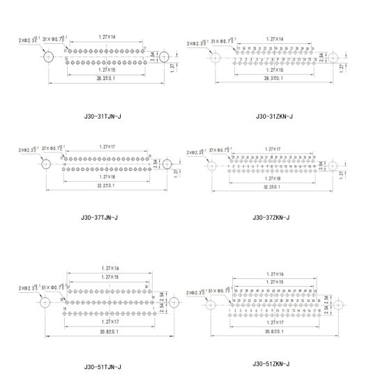 Миниатюрный прямоугольный электрический разъем серии J30(Разъем и розетка для печатной платы серии J30 с изогнутой формой (W/W-J-тип)/Рекомендуемые размеры отверстий для печатных плат)