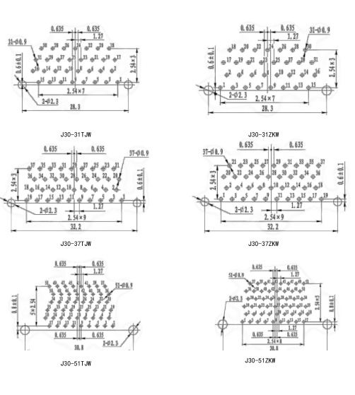 Миниатюрный прямоугольный электрический разъем серии J30(Разъем и розетка для печатной платы серии J30 с изогнутой формой (W/W-J-тип)/Рекомендуемые размеры отверстий для печатных плат)