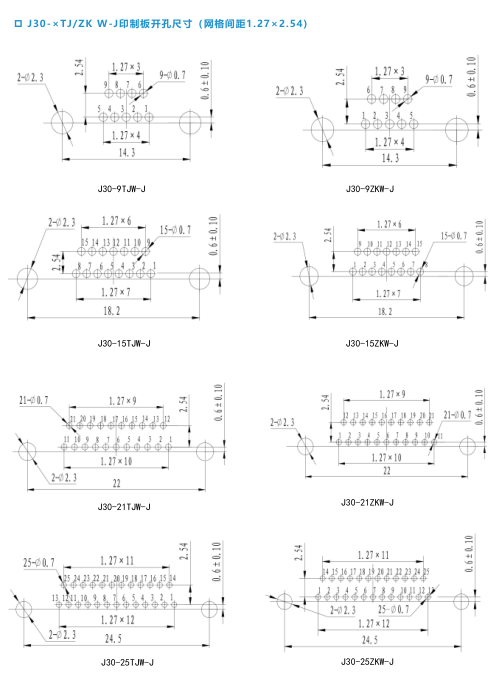 Миниатюрный прямоугольный электрический разъем серии J30(Разъем и розетка для печатной платы серии J30 с изогнутой формой (W/W-J-тип)/Рекомендуемые размеры отверстий для печатных плат)