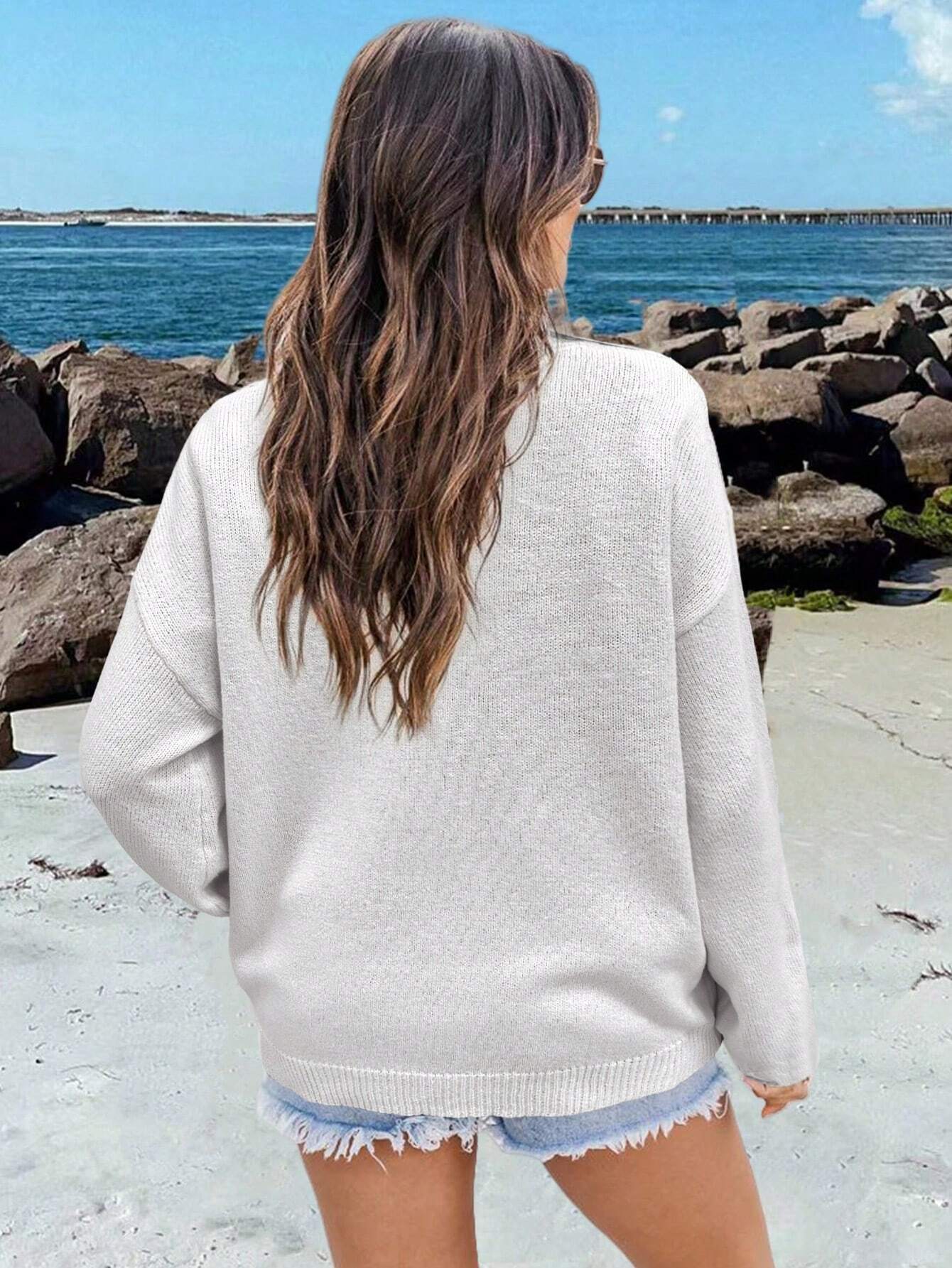 Chiquease Usa Flag Design Drop Shoulder Sweater, Long Sleeve Tops