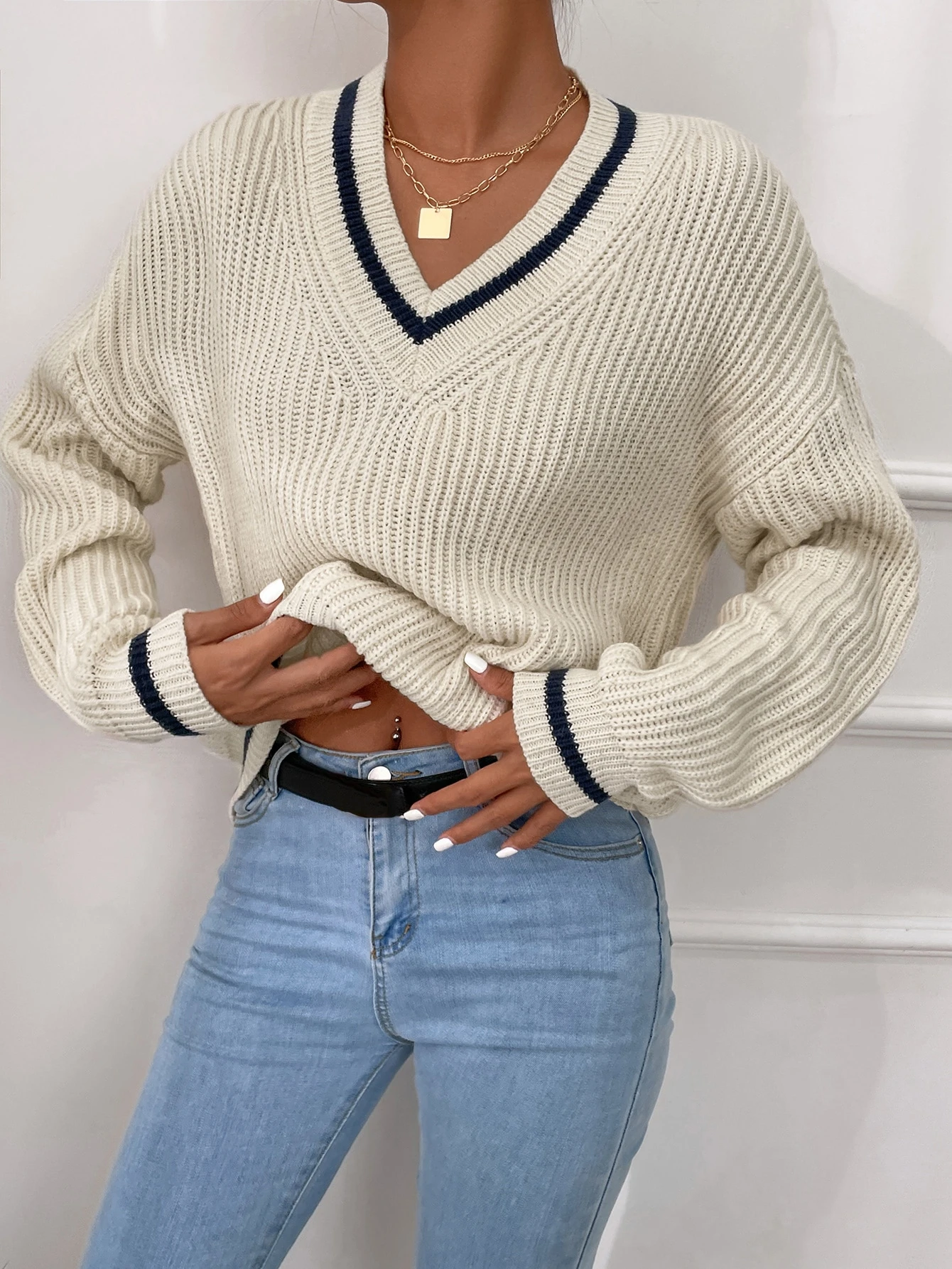 Женские Casual Loose Fit V-образным вырезом в полоску с длинным рукавом пуловер свитер для осени одежда осень женщины наряды