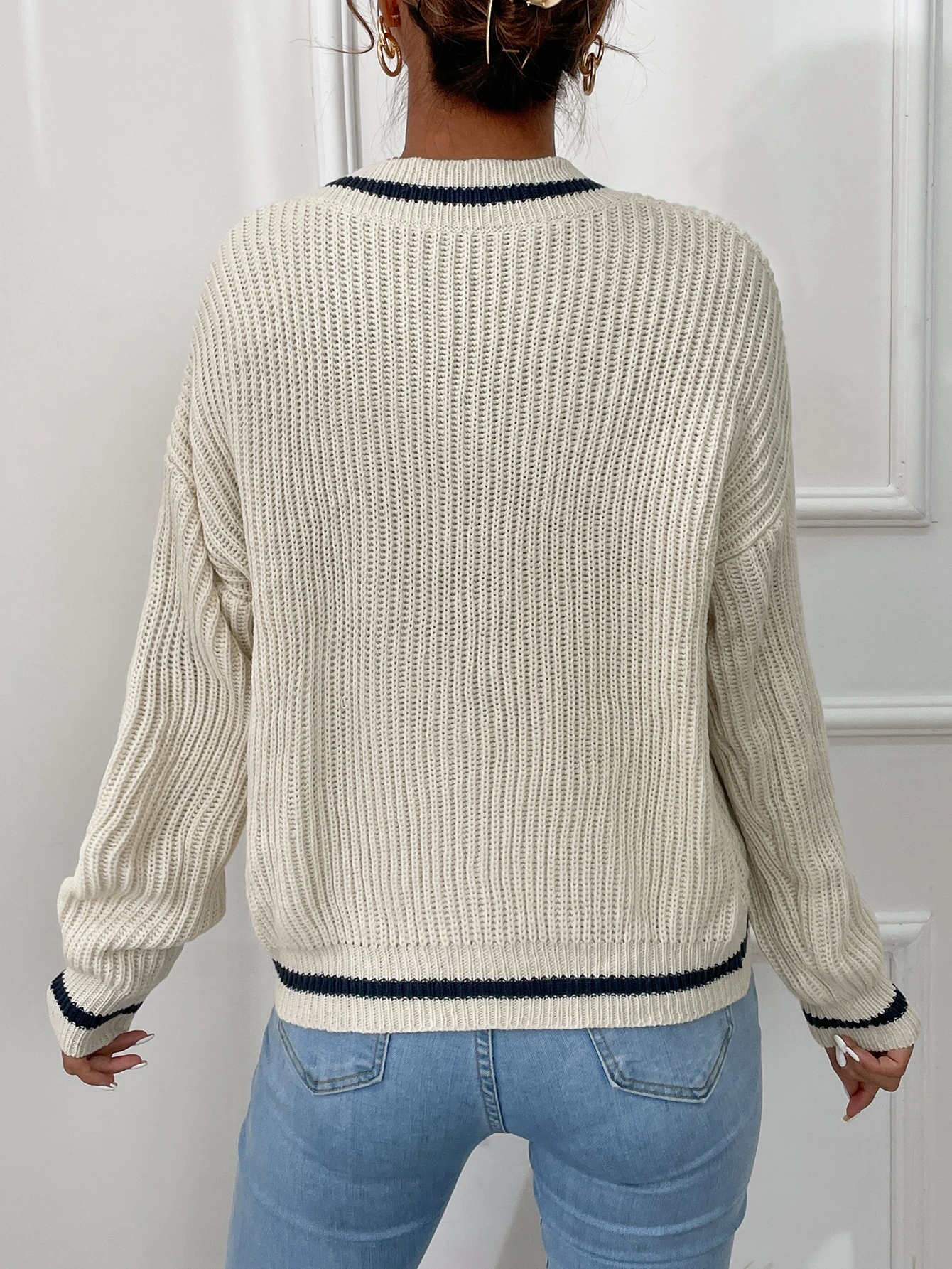 Женские Casual Loose Fit V-образным вырезом в полоску с длинным рукавом пуловер свитер для осени одежда осень женщины наряды