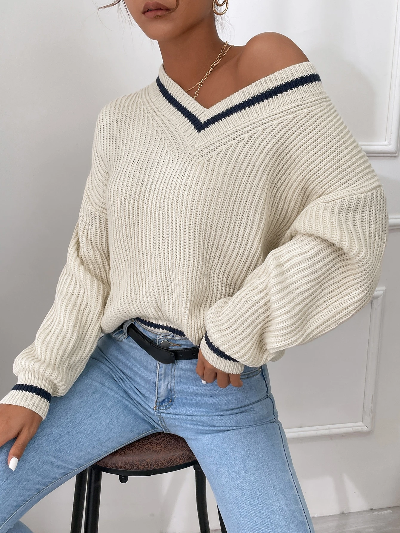 Женские Casual Loose Fit V-образным вырезом в полоску с длинным рукавом пуловер свитер для осени одежда осень женщины наряды