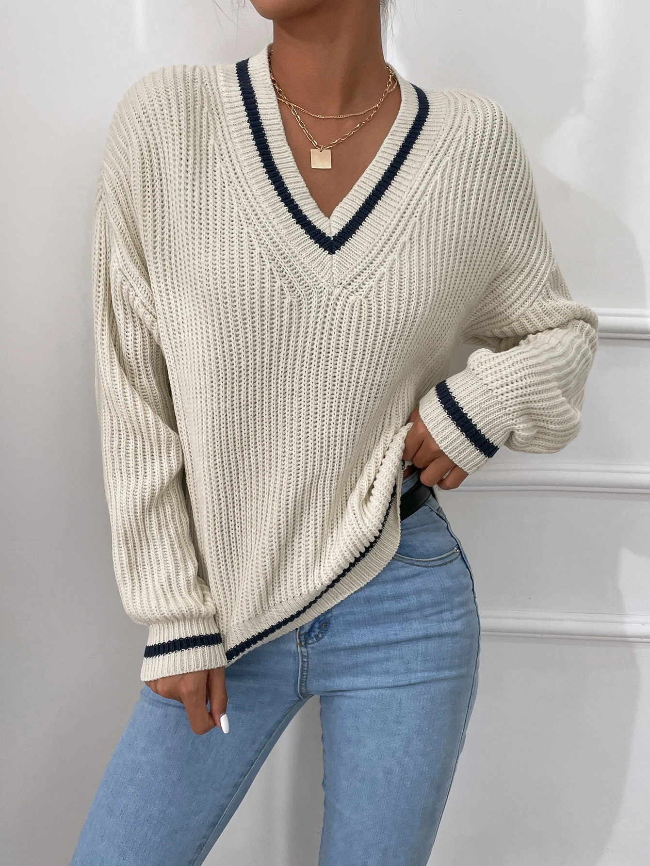 Женские Casual Loose Fit V-образным вырезом в полоску с длинным рукавом пуловер свитер для осени одежда осень женщины наряды