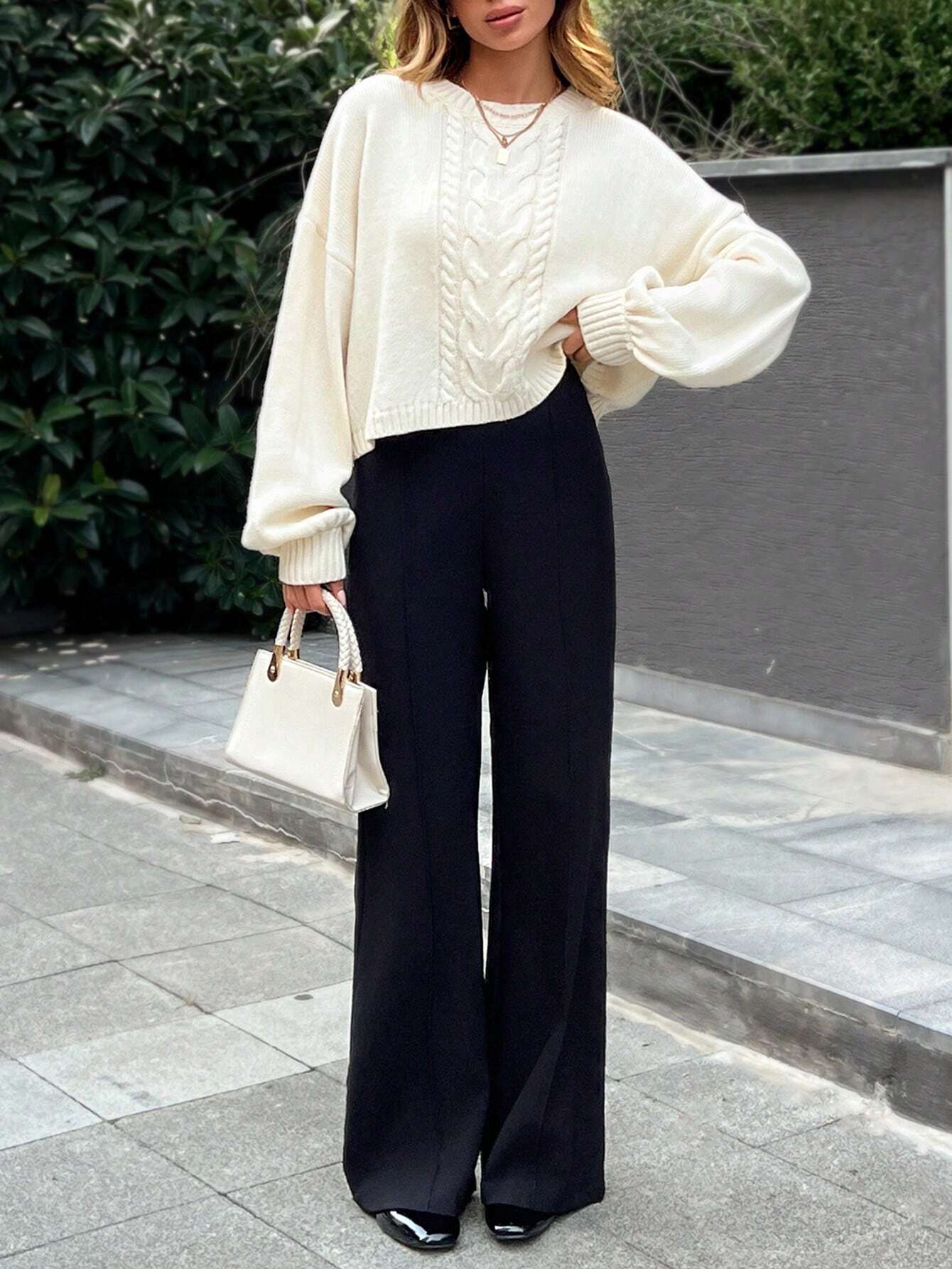 Casual Crew Neck Cute Cozy Back Detailed Cable Knit Long Sleeve Sweater