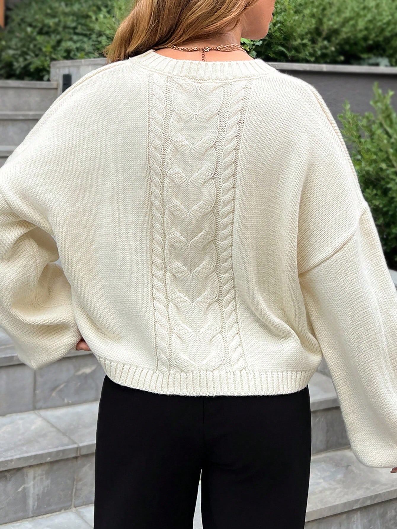 Casual Crew Neck Cute Cozy Back Detailed Cable Knit Long Sleeve Sweater