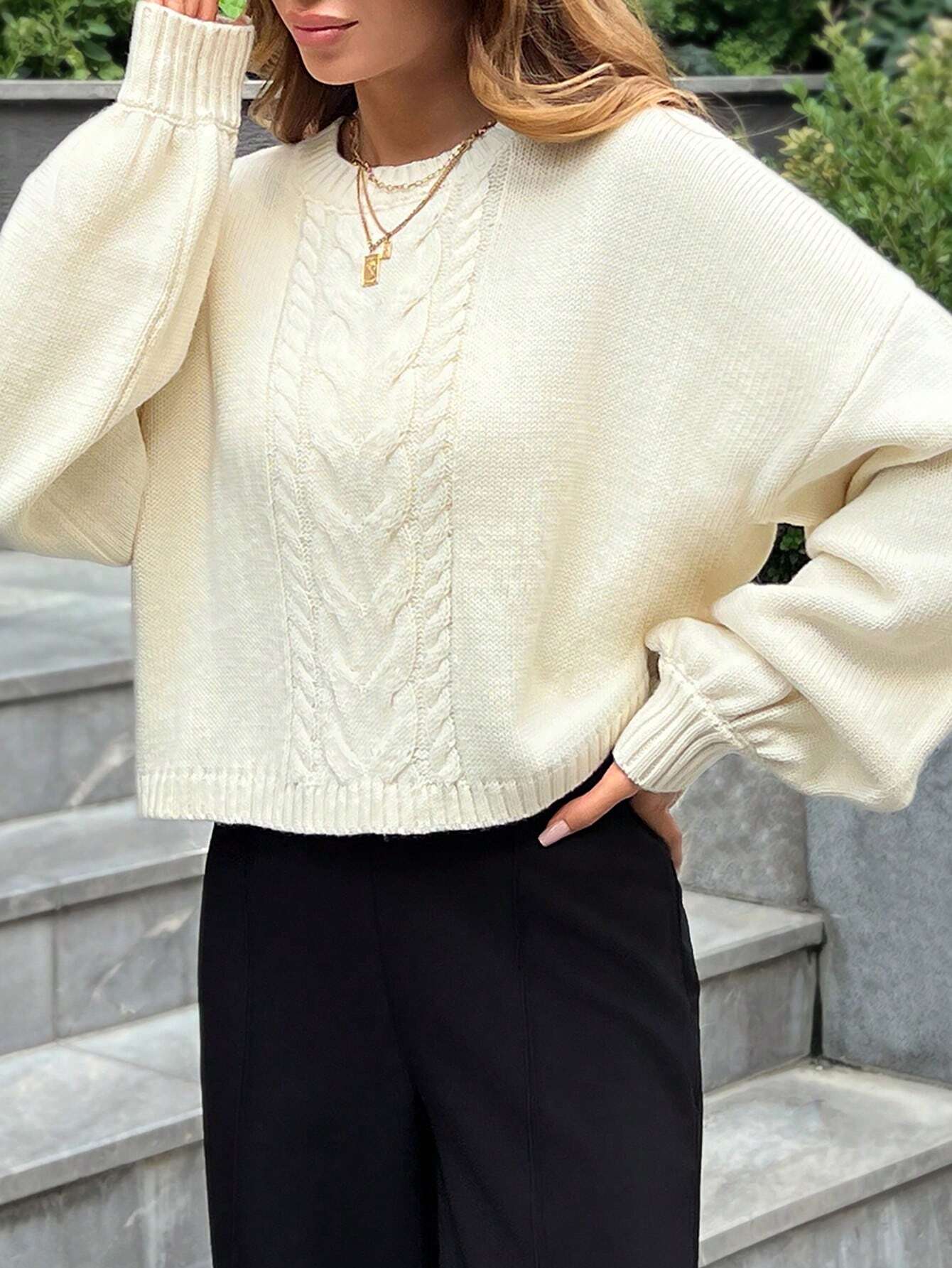 Casual Crew Neck Cute Cozy Back Detailed Cable Knit Long Sleeve Sweater