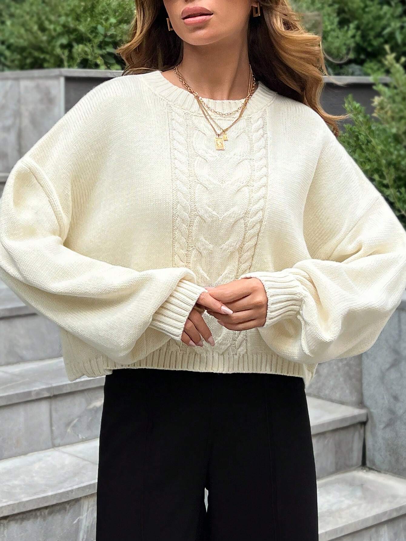 Casual Crew Neck Cute Cozy Back Detailed Cable Knit Long Sleeve Sweater