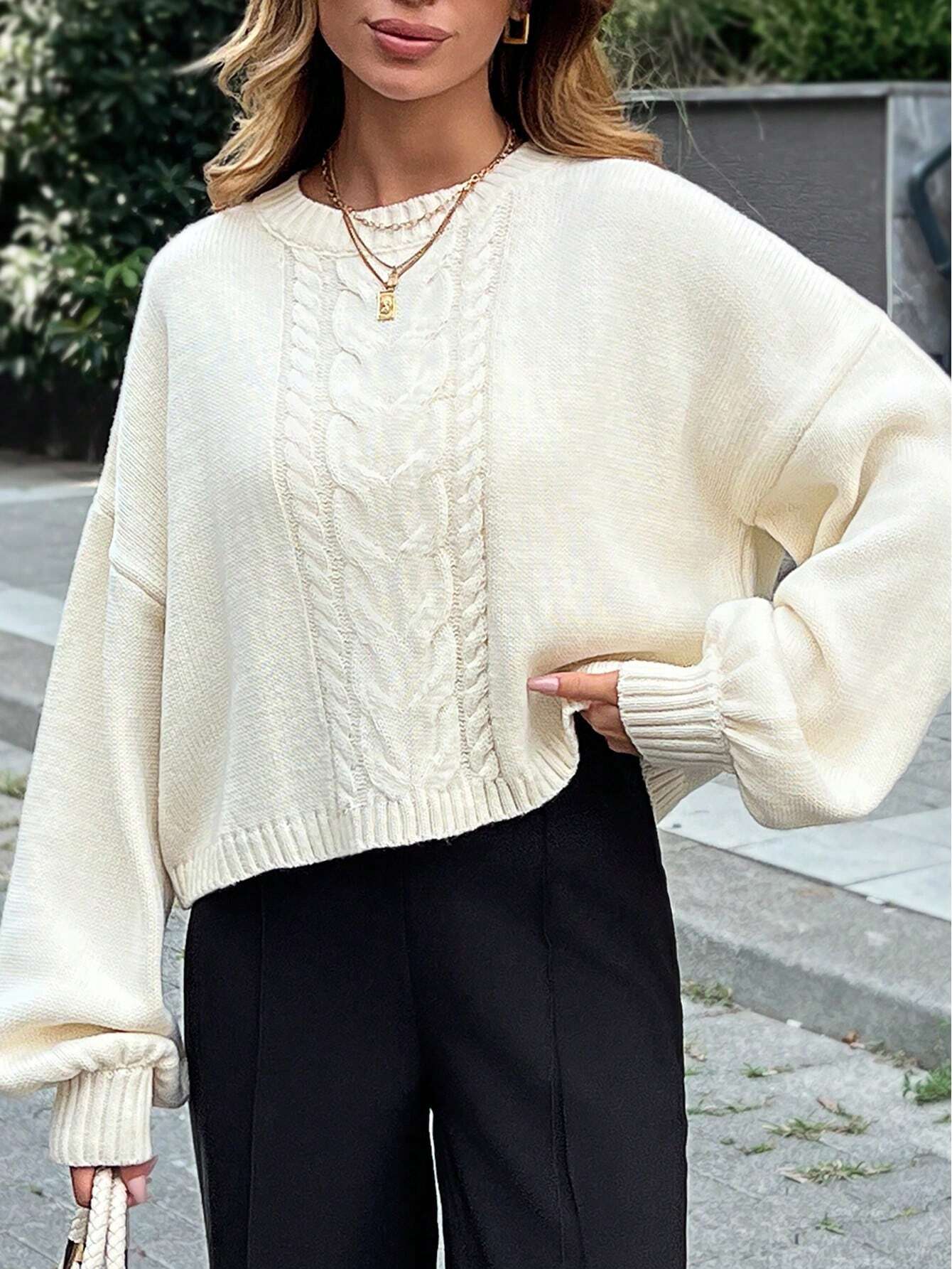 Casual Crew Neck Cute Cozy Back Detailed Cable Knit Long Sleeve Sweater