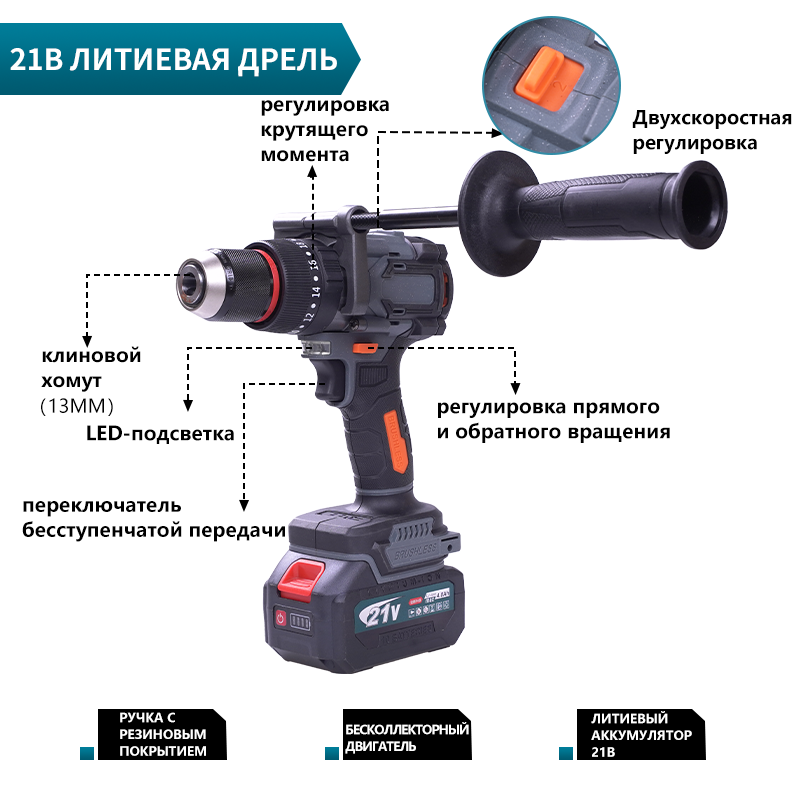 Профессиональный аккумуляторный ударный дрель с большой крутящей силой