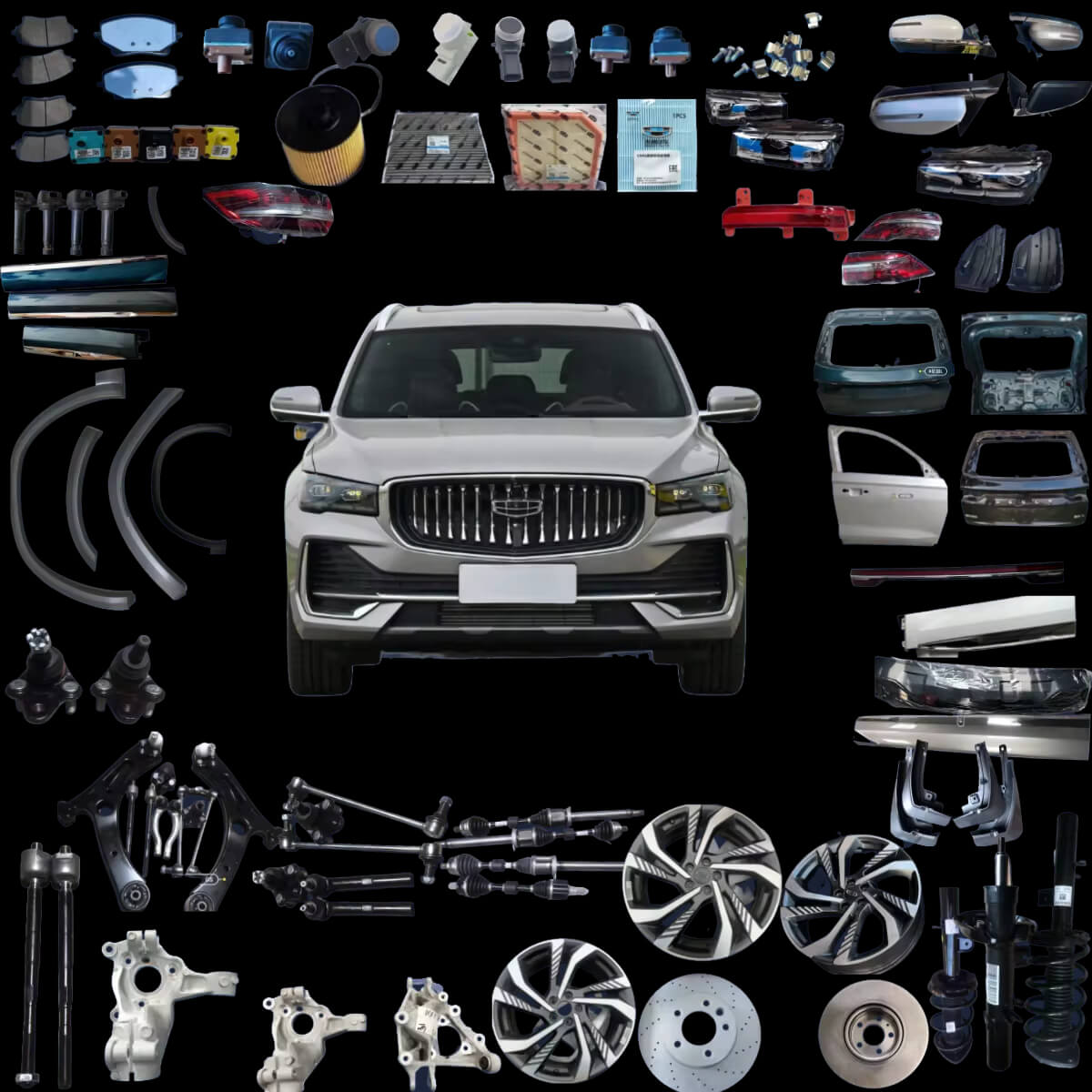 Запчасти Geely Tugella Monjaro Xingyue 2023 — ходовая, тормоза, фары, бамперы оптом