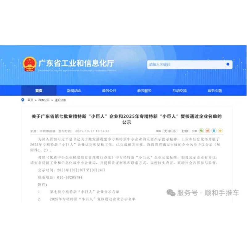 Компания Guangdong Shunhe Industrial Co., Ltd. была удостоена звания «Маленький гигант» в категории специализированных, усовершенствованных и инновационных предприятий в 2025 году, установив отраслевой стандарт благодаря своей мощи !