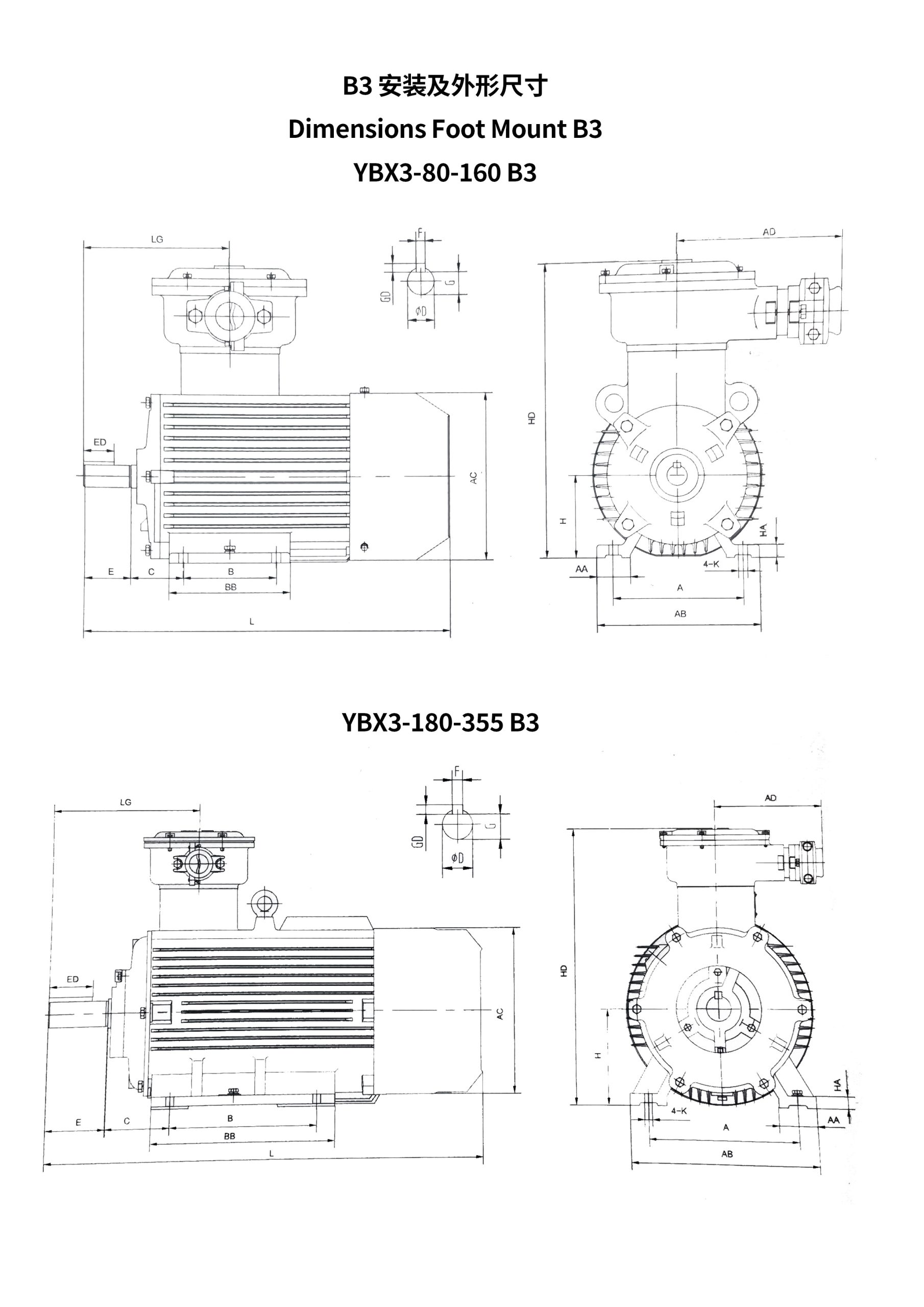 Габаритный и монтажный чертеж взрывозащищенного трехфазного асинхронного двигателя серии YBX3 (2-полюсный) с указанием основных размеров.