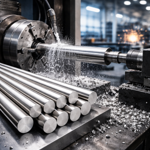 Высококачественные титановые прутки различного диаметра, лежащие на промышленном столе, демонстрируют металлический блеск и прецизионную обработку.