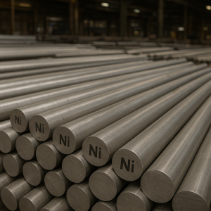 Никелевая плита и никелевый пруток промышленного класса на белом фоне.