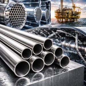 Титановые трубы разных диаметров с гладкой полированной поверхностью, лежащие на производственном столе или на фоне промышленного цеха.