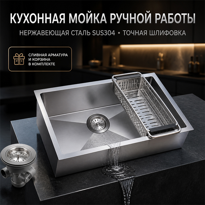 Кухонная мойка ручной работы из нержавеющей стали SUS304 с корзиной и сливной арматурой