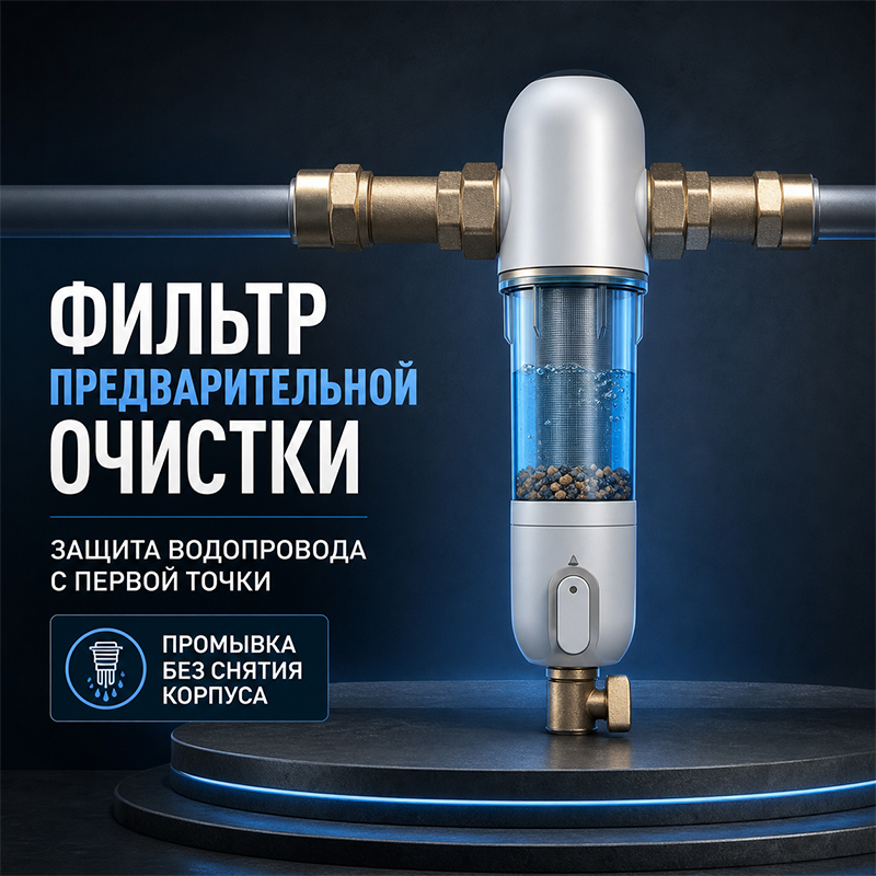 Магистральный промывной фильтр предварительной очистки воды с прозрачной колбой и латунными соединениями