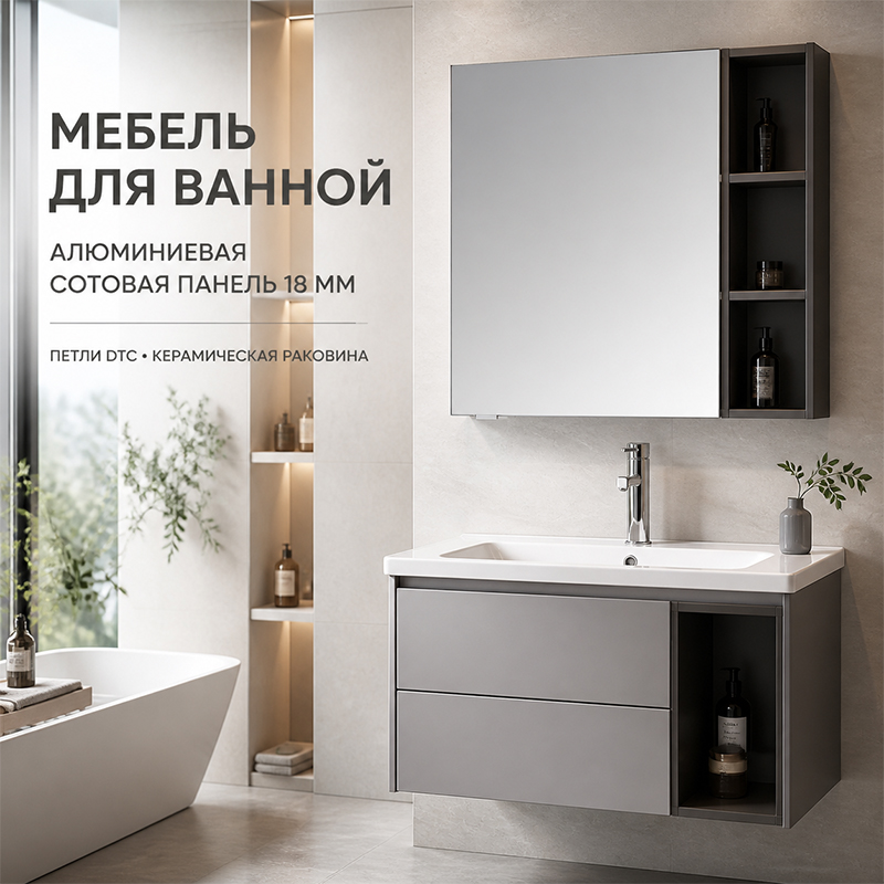 Подвесной комплект мебели для ванной из алюминиевой сотовой панели с керамической раковиной и зеркальным шкафом