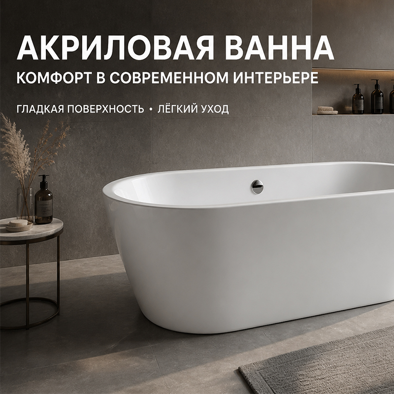 Акриловая ванна с усиленным основанием, сливом и переливом