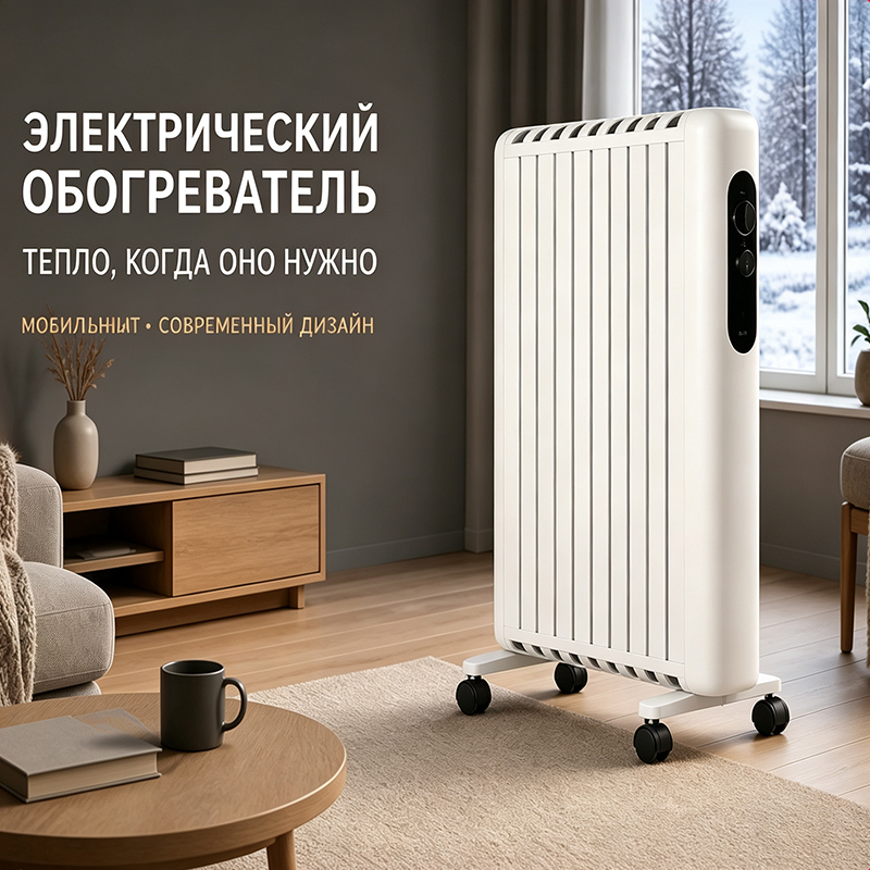 Мобильный электрический обогреватель с термостатом и колёсами