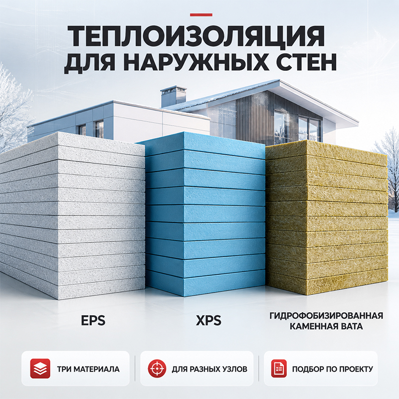 Теплоизоляционные плиты EPS, XPS и гидрофобизированная каменная вата для наружных стен