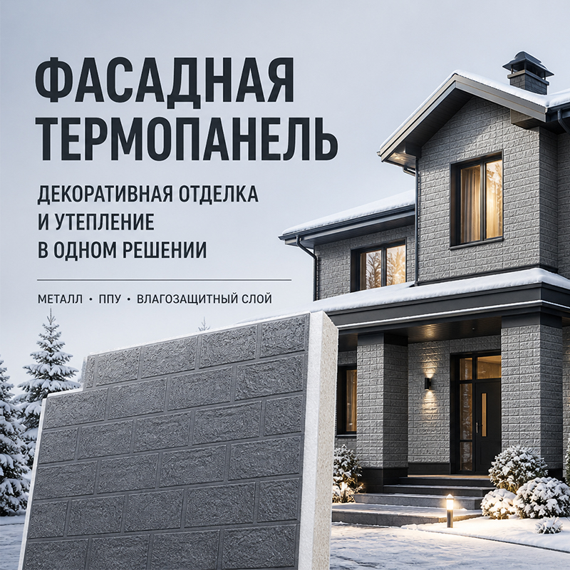 Фасадная металлическая термопанель с декоративным покрытием и утеплителем ППУ