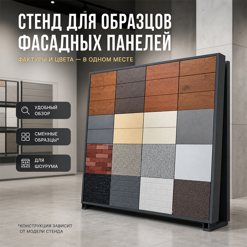 Металлический выставочный стенд для образцов фасадных декоративных панелей