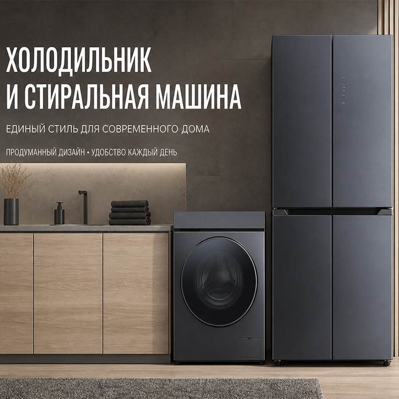 Комплект бытовой техники — четырёхдверный холодильник и стиральная машина с фронтальной загрузкой