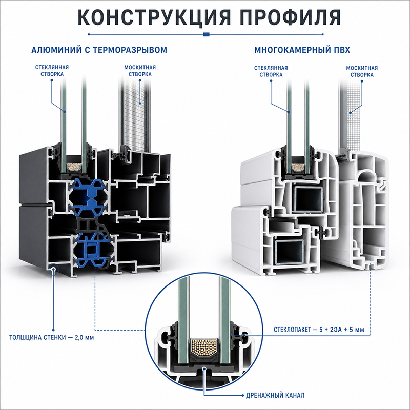 Энергосберегающая оконная система из ПВХ или алюминия с терморазрывом