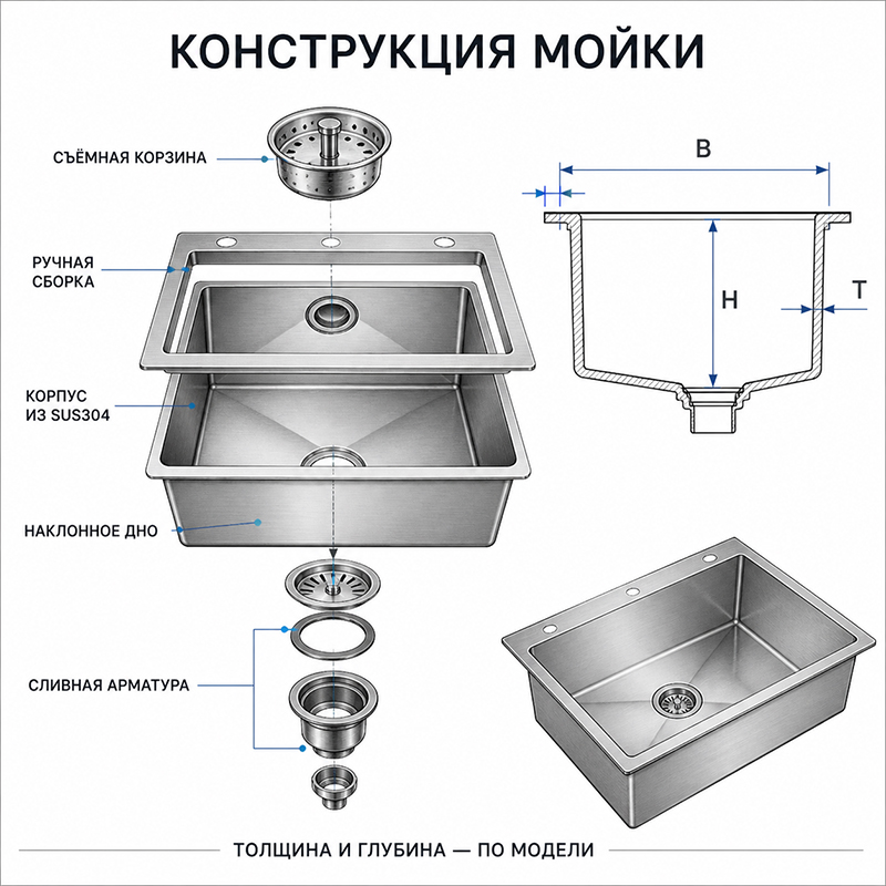 Кухонная мойка ручной работы из нержавеющей стали SUS304 с корзиной и сливной арматурой