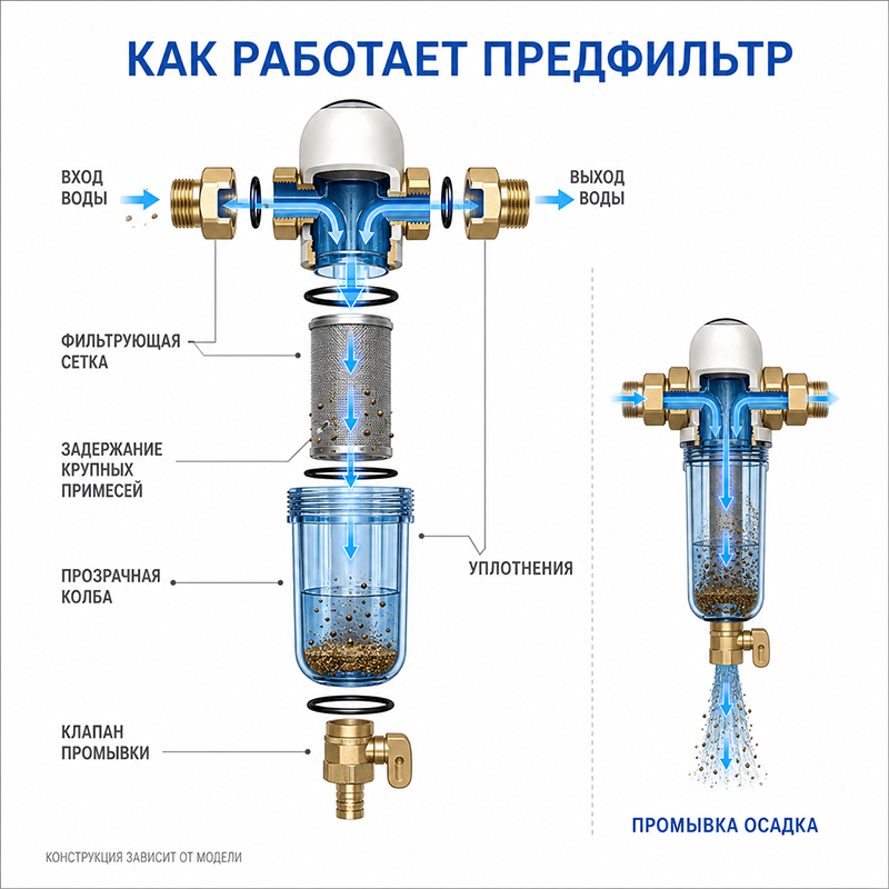 Магистральный промывной фильтр предварительной очистки воды с прозрачной колбой и латунными соединениями