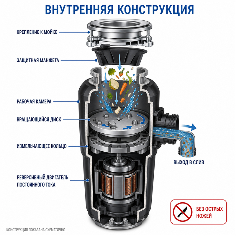 Название: Измельчитель пищевых отходов для кухонной мойки 760 Вт с реверсивным вращением