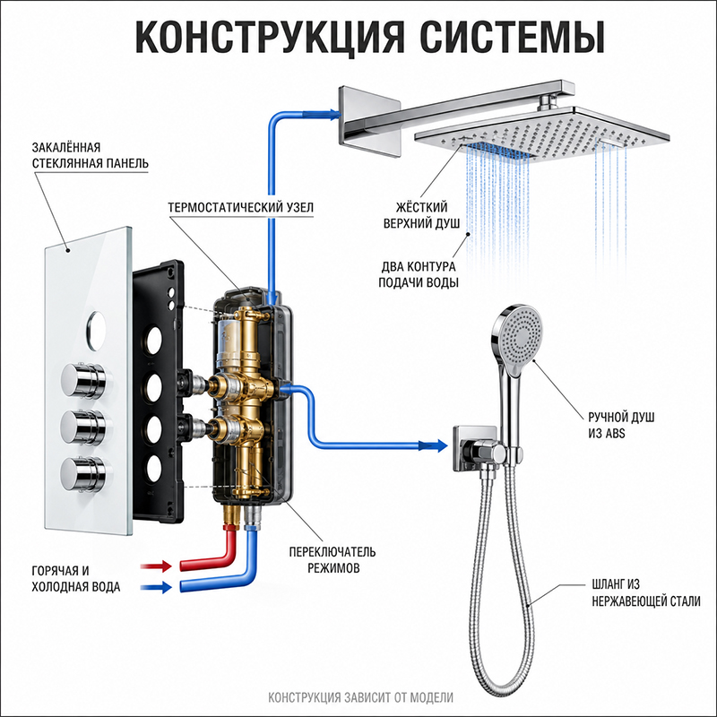 Термостатическая душевая система с верхним и ручным душем
