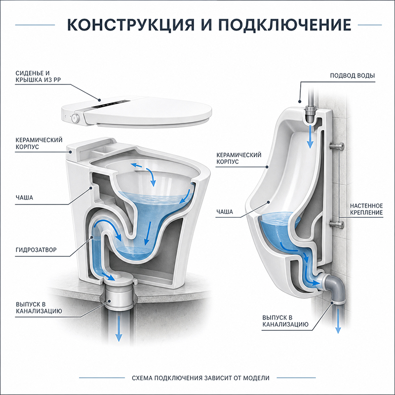 Комплект керамической сантехники — унитаз и настенный писсуар